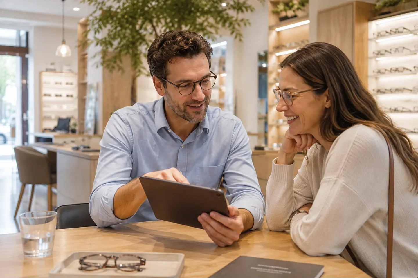 An optician showing eyewear options to a customer on a tablet during an in-store sales journey