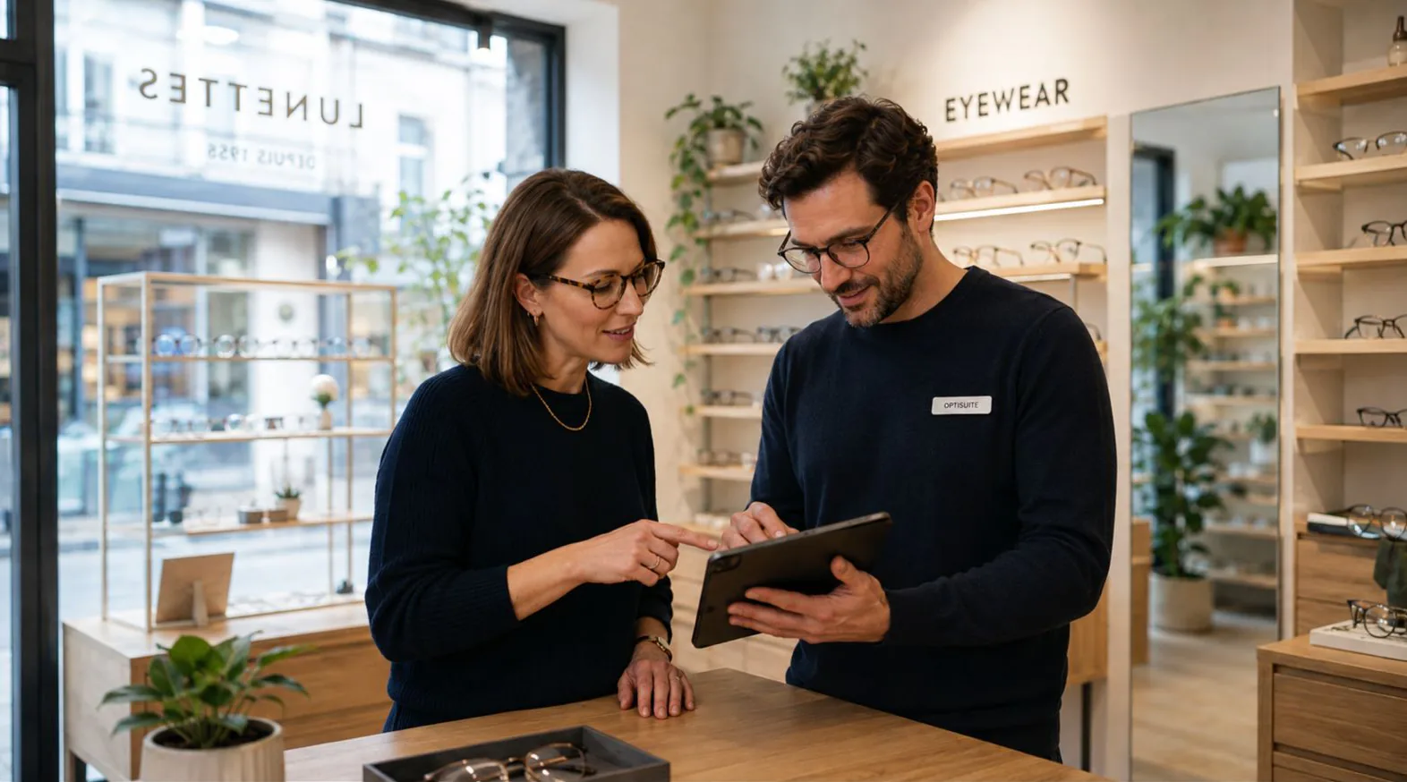 An optician showing a customer eyewear options on a tablet at the counter of an optical store