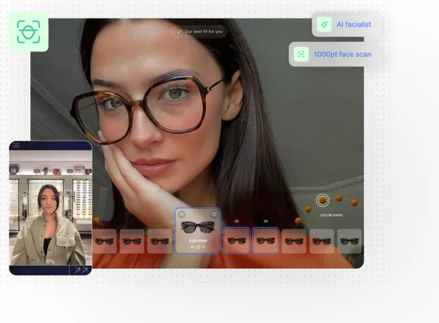 A customer wearing recommended frames in the virtual try-on view, with a row of alternative frames below.