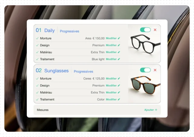 Two recommended pairs, a daily pair and sunglasses, each broken down by frame, design, material and coating.