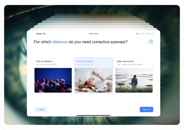The Optisuite lens profile step asking which distance the customer needs corrective eyewear for.
