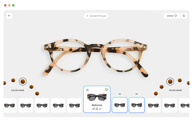 Recommended frames in the Optisuite fitting view, with colour options and a row of alternative frames below.