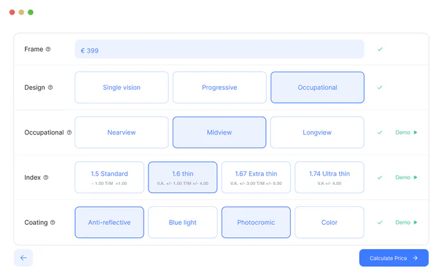 The Optisuite quote builder pricing frame, design, occupational, index and coating options in real time.