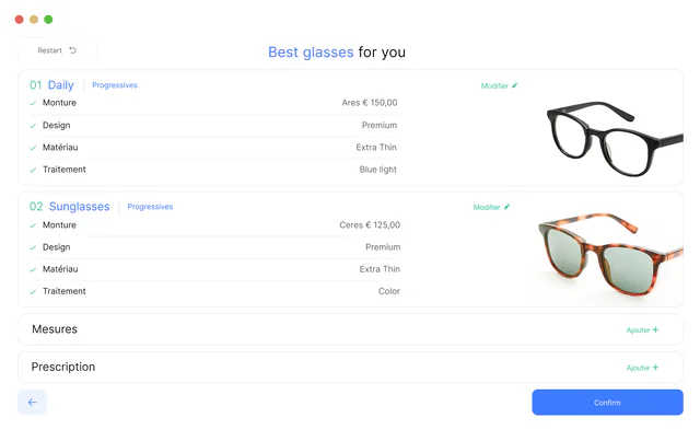 Two recommended pairs, a daily pair and sunglasses, each broken down by frame, design, material and coating.