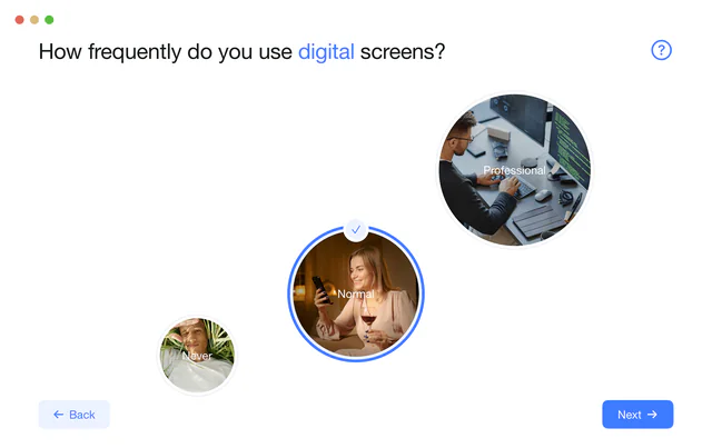 The Optisuite vision profile step asking how frequently the customer uses digital screens.