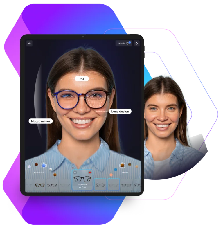 iPad mit einer Linsenkonfigurator-App, die ein 3D‑Modell von Brillen und Optionen für die Glasdicke zeigt