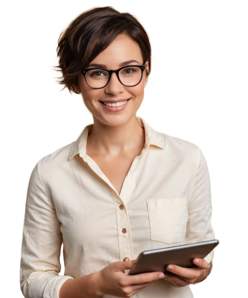 Femme portant des lunettes tenant un iPad utilisant un logiciel pour opticiens