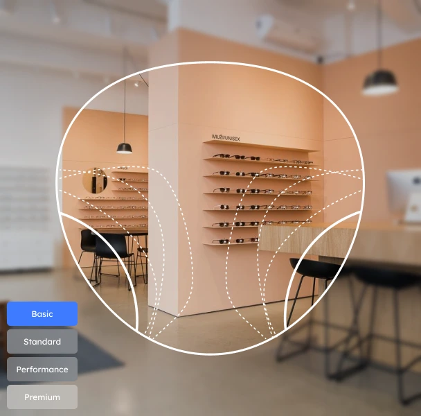 Vue d'un magasin d'optique à travers une simulation de verres progressifs basiques, montrant une zone centrale de vision nette et une périphérie floue, avec les options de type de verres sur la gauche