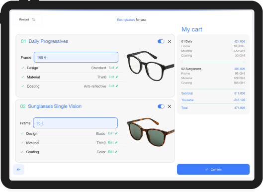 Vue divisée d’une femme utilisant la fonctionnalité d’essai virtuel, un côté de son visage sans lunettes et l’autre affiché sur un iPad avec des lunettes
